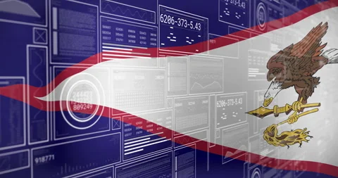 Wavy American Samoa flag flowing over transparent digital data panels, Stock Footage 309283060