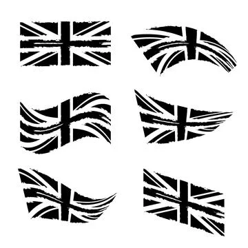 Wavy British flag set. Black and white grunge UK flag. Isolated on white ba.. Illustrazione stock