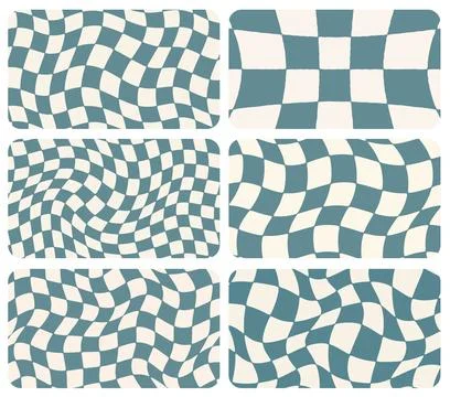Wavy checkered pattern banners set distorted psychedelic checkerboard textures Illustrazione stock