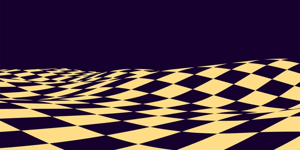 Wavy chess board. Violet-yellow chessboard concept. Wave distortion effect... Stock Illustration