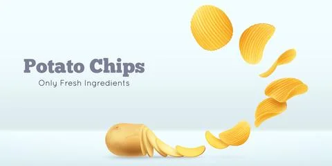 Wavy chips. Fly potato snack, turning in ripple yellow crisps. 3d floating .. Stock Illustration
