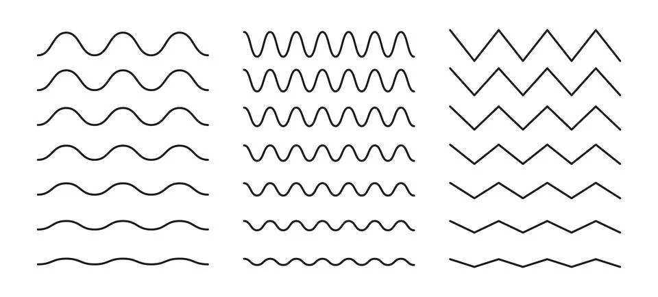 Wavy, curvy, zigzag line. Undulate borders, transverse horizontal lines. Stock Illustration