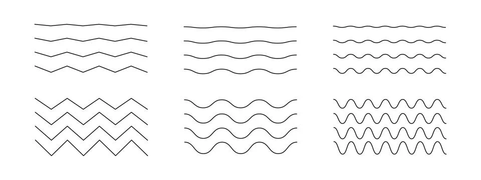 Wavy, curvy, zigzag lines set. Undulate borders, transverse horizontal line. Stock Illustration