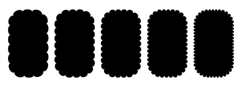 Wavy edge rounded frame collection. Jagged scallop border element set. Black Stock Illustration
