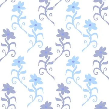 Wavy Flowers Vector Seamless Repeat Pattern In Pale Purple And Blue On A Whit Stock Illustration