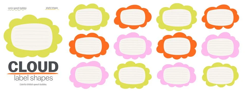 Wavy fluffy cloud label collection. Rounded edges for promo frames. Cute ki.. Illustrazione stock