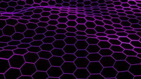 Wavy geometric background, floating neon grid of hexagons, futuristic abstract Stock Illustration