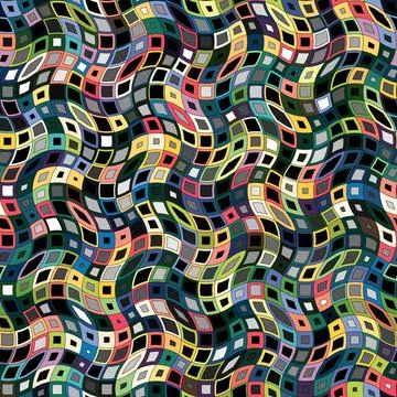 Wavy geometric pattern composed of black and colored squares. Vector image. Illustrazione stock