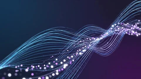 Wavy glowing data lines with particles flowing on dark background 스톡 동영상 342094397