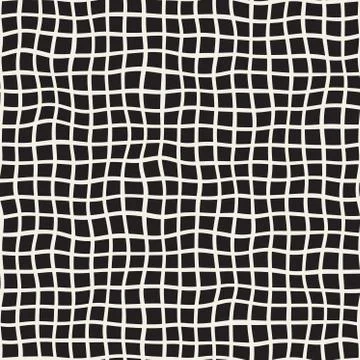 Wavy Hand Drawn Lines Square Grid. Vector Seamless Black and White Pattern Stock Illustration