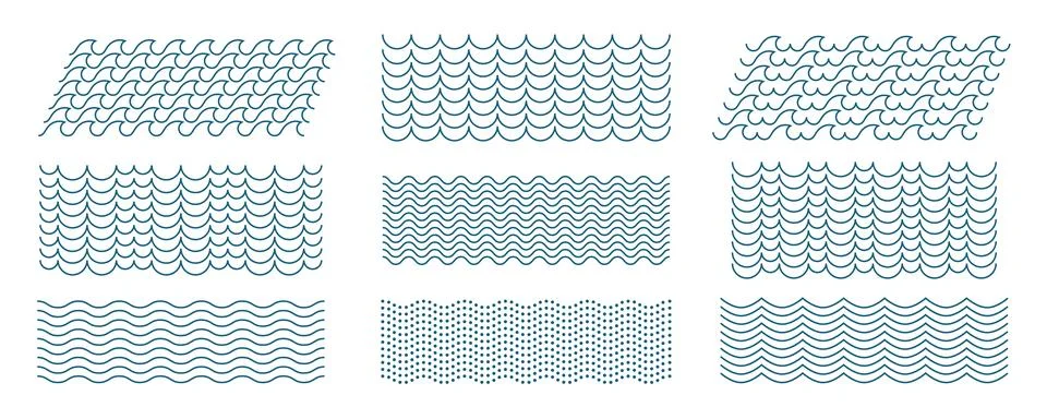 Wavy Horizontal Lines Ornament Pattern Set. Zig Zag Sea Wave Thin Lines. Vector Illustrazione stock
