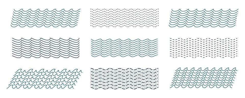 Wavy Horizontal Lines Ornament Pattern Set. Zig Zag Sea Wave Thin Lines. Vector Stock Illustration