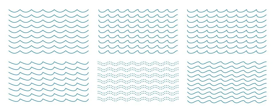 Wavy Horizontal Lines Ornament Pattern Set. Zig Zag Sea Wave Thin Lines. Vector Illustrazione stock