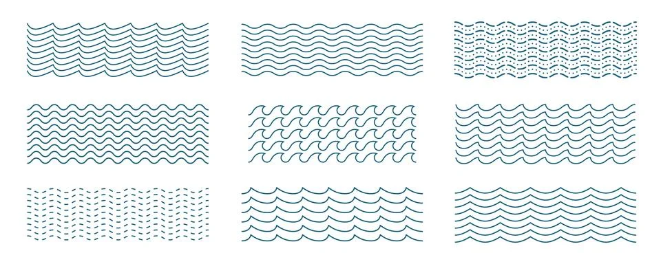 Wavy Horizontal Lines Ornament Pattern Set. Zig Zag Sea Wave Thin Lines. Vector Stock Illustration