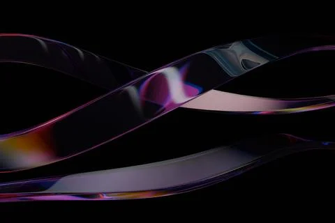 Wavy, iridescent ribbons of translucent material flow across a dark backgro.. Illustrazione stock