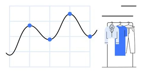 Wavy line graph with data points overlaying grid, closet with hanging shirts  Illustrazione stock