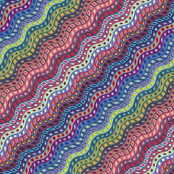 Wavy lines and concentric squares in shades of blue/pink. Seamless pattern. Stock Illustration