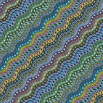 Wavy lines and concentric squares in shades of blue/green. Seamless pattern. Stock Illustration