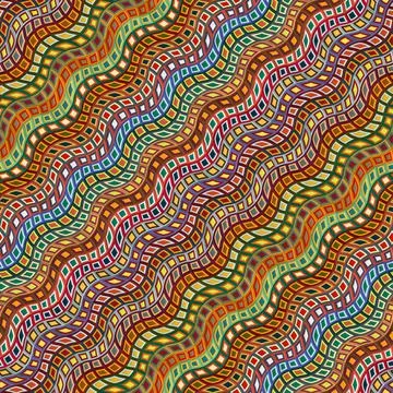 Wavy lines and concentric squares in shades of orange/yellow. Seamless patttern. Stock Illustration