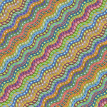 Wavy lines and concentric squares in shades of yellow/green. Seamless pattern. Stock Illustration