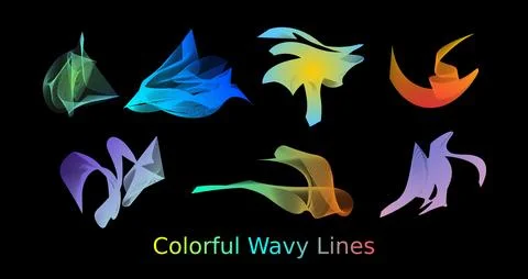 Wavy lines in different shapes in different gradient color on black backgroun Stock Illustration
