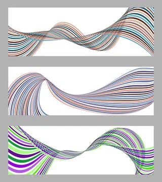 Wavy lines or ribbons. Set of 3 backgrounds. Multicolored striped gradient... 库存插图