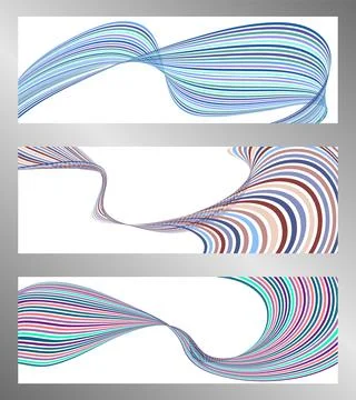 Wavy lines or ribbons. Set of 3 backgrounds. Multicolored striped gradient... Stock Illustration