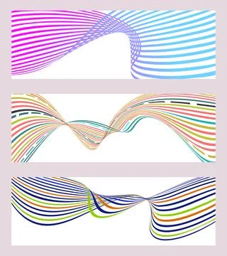 Wavy lines or ribbons. Set of 3 backgrounds. Multicolored striped gradient Stock Illustration
