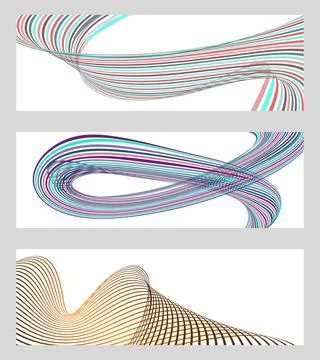 Wavy lines or ribbons. Set of 3 backgrounds. Multicolored striped gradient. C 库存插图
