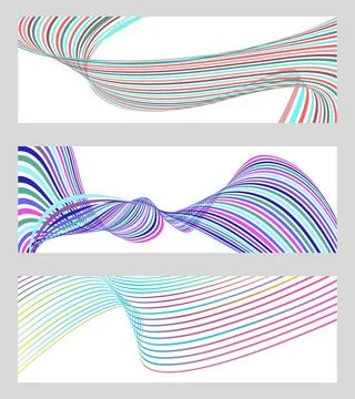 Wavy lines or ribbons. Set of 3 backgrounds. Multicolored striped gradient. C Illustrazione stock