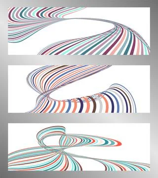Wavy lines or ribbons. Set of 3 backgrounds. Multicolored striped gradient Stock Illustration