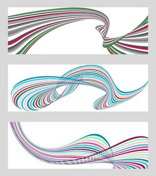 Wavy lines or ribbons. Set of 3 backgrounds. Multicolored striped gradient Stock Illustration