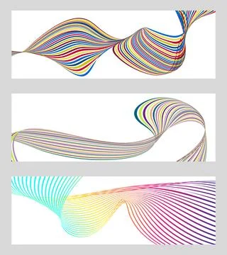 Wavy lines or ribbons. Set of 3 backgrounds. Multicolored striped gradient Stock Illustration