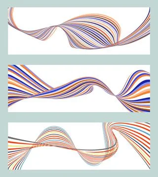 Wavy lines or ribbons. Set of 3 backgrounds. Multicolored striped gradient... Ilustração Stock