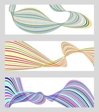 Wavy lines or ribbons. Set of 3 backgrounds. Multicolored striped gradient... Ilustração Stock