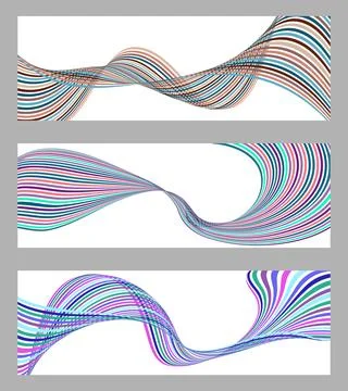 Wavy lines or ribbons. Set of 3 backgrounds. Multicolored striped gradient... Stock Illustration