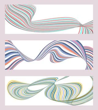 Wavy lines or ribbons. Set of 3 backgrounds. Multicolored striped gradient. C 库存插图