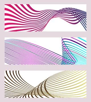 Wavy lines or ribbons. Set of 3 backgrounds. Multicolored striped gradient... Illustrazione stock