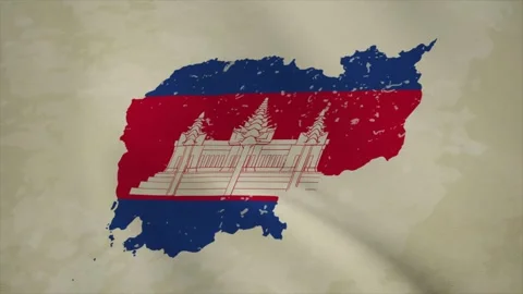 Wavy Map of CAMBODIA with Flag in Body Isolated on Vintage Background Stock Footage 326634003