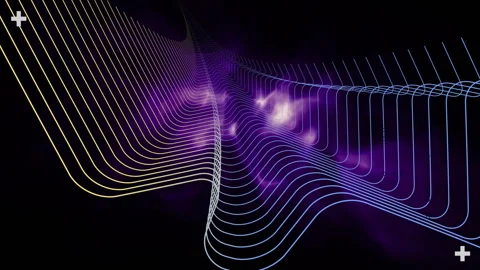 Wavy multicolored lines forming 3D ribbon grid over cosmic background, featuring Stock Footage 308657697