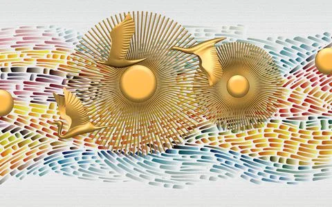 Wavy multicolored spots on a white background, golden birds and circles Stock Illustration