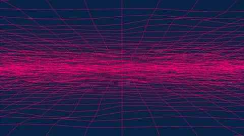 Wavy neon grid, computer generated. 3d rendering retro background Stock Illustration