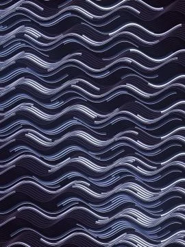 Wavy pattern with horizontal metallic glowing lines on dark surface 3d render Stock Illustration