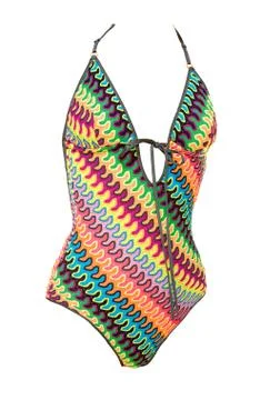 Wavy pattern knit front lace-up one piece halter swimsuit Stock Photos