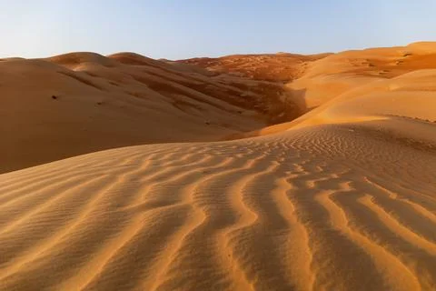 Wavy patterns in the desert dunes in emirates at sunrise Stock Photos