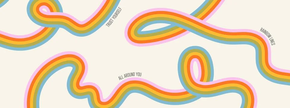 Wavy rainbow stripes abstract background. Retro groovy style banner with co.. Stock Illustration