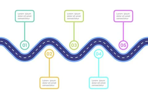 Wavy Roadmap Infographic with Five Steps and Colorful Labels Stockillustratie