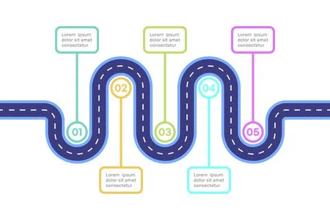 Wavy Roadmap Infographic with Five Steps and Colorful Labels Vector Illustr.. Stock Illustration