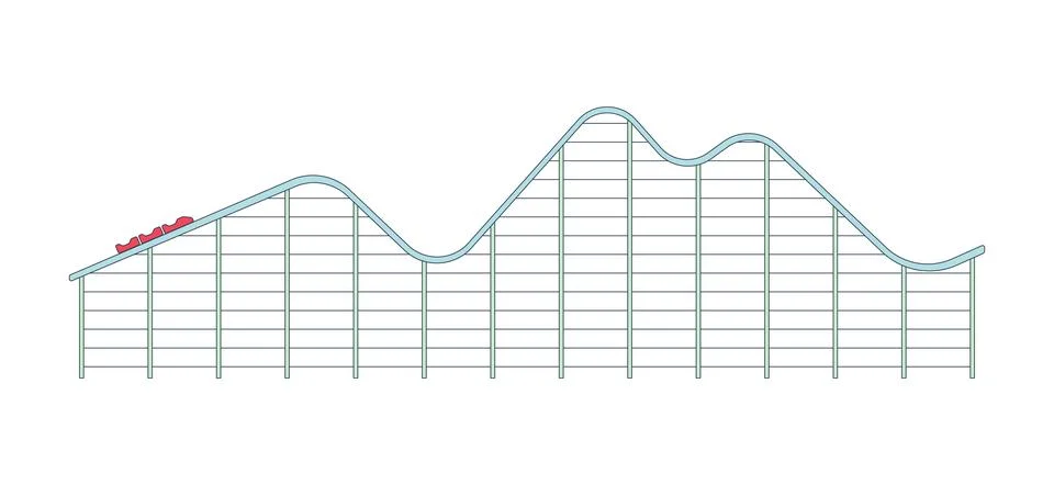 Wavy roller coaster track with multiple rising hills and train cartoon clip a Stock Illustration