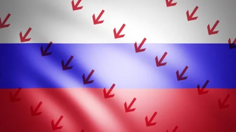 Wavy russian flag with down pointed arrows loop animation Stockbeeldmateriaal 333712901